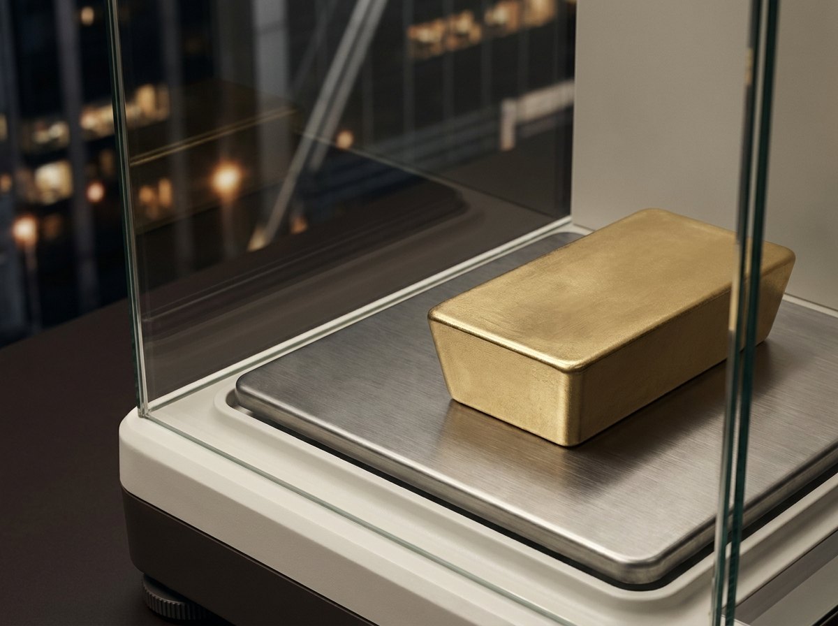 Institutional gold bar undergoing precision market analysis